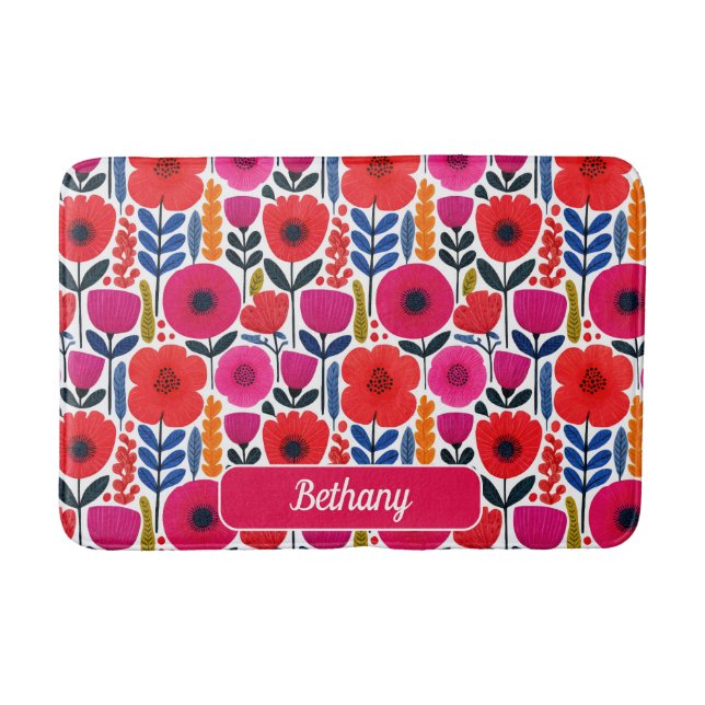 Colourful Spring Flowers Pattern with Name  Bath Mat (Front)