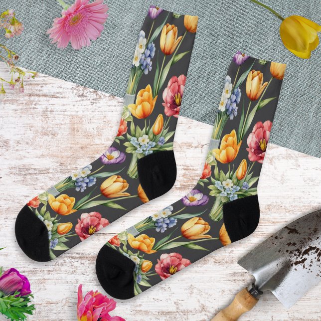 Colourful Spring Flowers Patterned Garden Lover's Socks (Socks patterned with colorful Spring blooms, including primrose, tulip and crocus flowers)