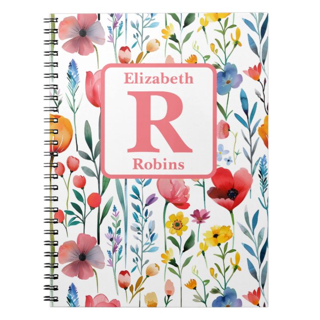 Colourful spring flowers personalized monogram  notebook (Front)