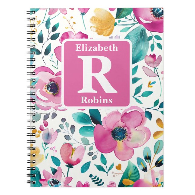 Colourful spring flowers personalized monogram  notebook (Front)