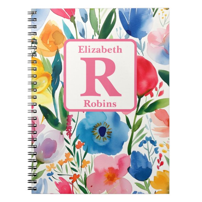 Colourful spring flowers personalized monogram  notebook (Front)