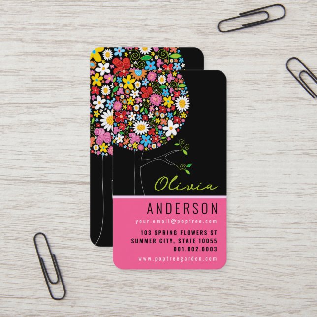 Colourful Spring Flowers Pop Tree Whimsical & Chic Business Card (Front/Back In Situ)