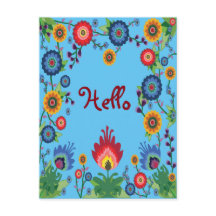 Colourful Spring Flowers Post Card 'Hello' Blue