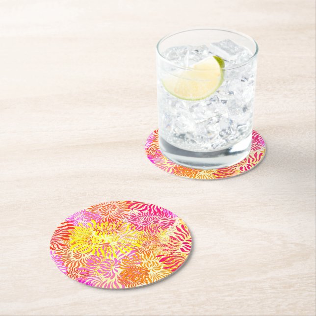 Colourful Spring Flowers Round Paper Coaster (Insitu)