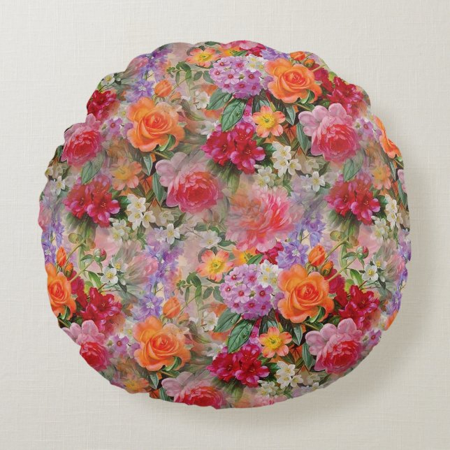 Colourful Spring Flowers Round Pillow (Front)