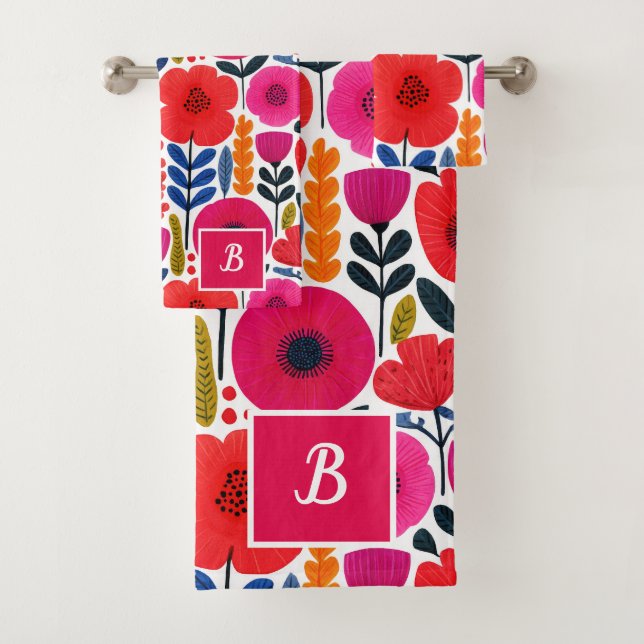 Colourful Spring Flowers Watercolor BOHO Monogram Bath Towel Set (Insitu)