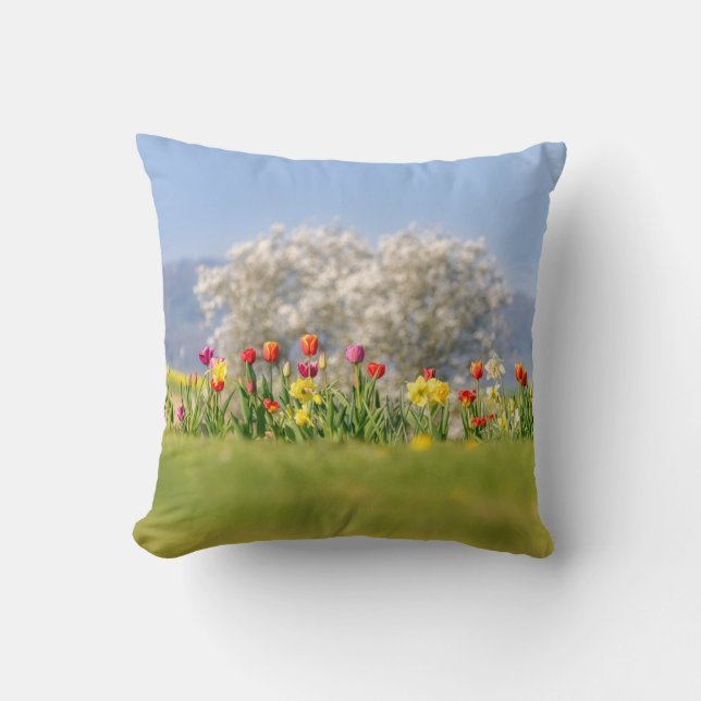 Colourful Spring Flowers with Tulips and Daffodils Throw Pillow (Front)