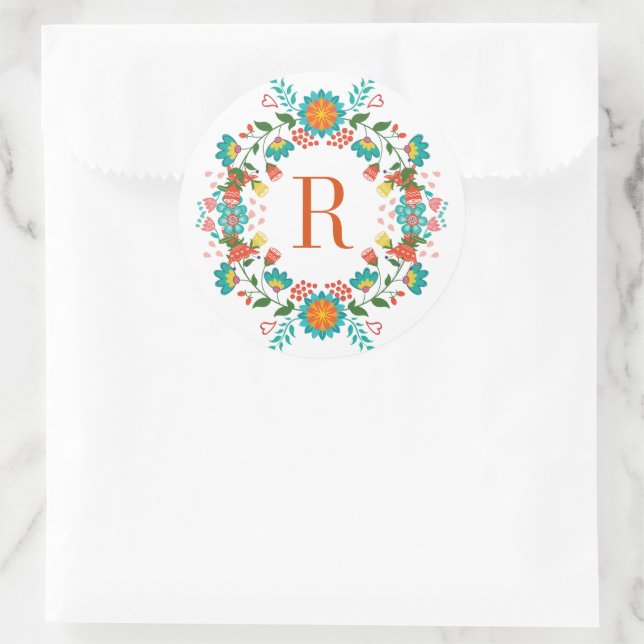 Colourful Spring Flowers Wreath Monogram Classic Round Sticker (Bag)