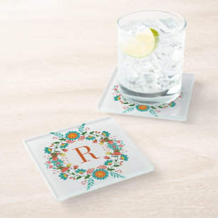 Colourful Spring Flowers Wreath Monogram Glass Coaster
