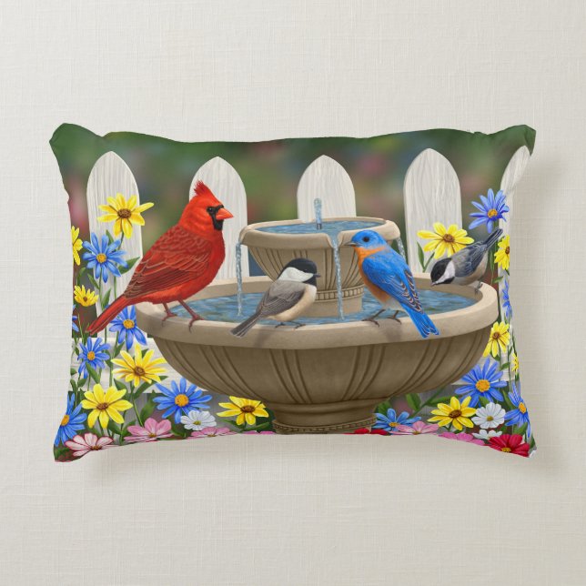 Colourful Spring Garden Bird Bath Accent Pillow (Front)