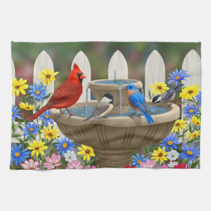 Colourful Spring Garden Bird Bath Kitchen Towel
