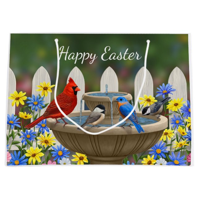 Colourful Spring Garden Bird Bath Large Gift Bag (Front)