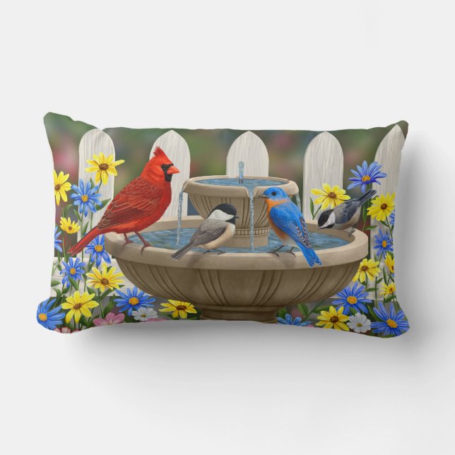 Colourful Spring Garden Bird Bath Lumbar Pillow (Front)