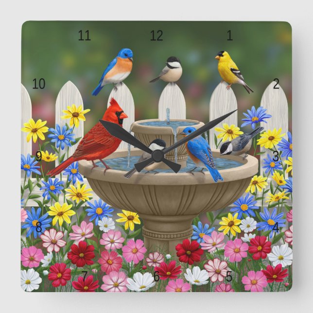 Colourful Spring Garden Bird Bath Square Wall Clock (Front)