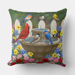 Colourful Spring Garden Bird Bath Throw Pillow