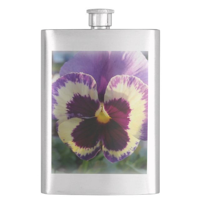 colourful spring Pansy Hip Flask (Front)