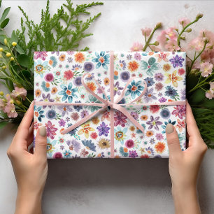 Colourful Spring Pink Floral Wildflower Greenery Wrapping Paper