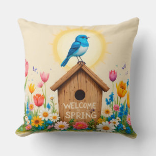 Colourful Spring Scene with Birdhouse Throw Pillow