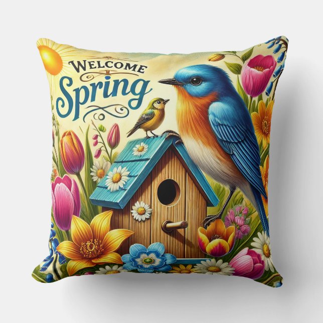 Colourful Spring Scene with Birds, Birdhouse Throw Pillow (Front)