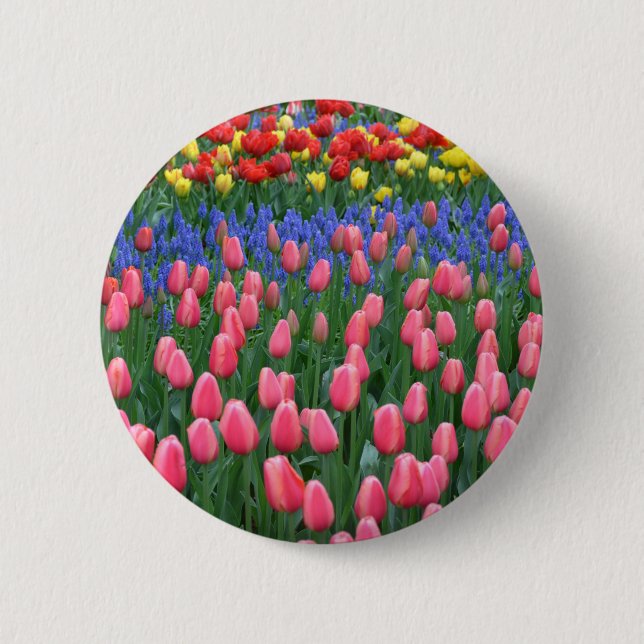 Colourful spring tulip garden 2 inch round button (Front)