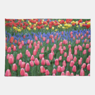 Colourful spring tulip garden kitchen towel
