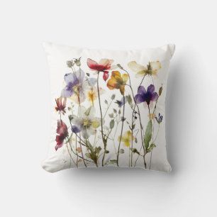 colourful spring wild flowers in water colour throw pillow