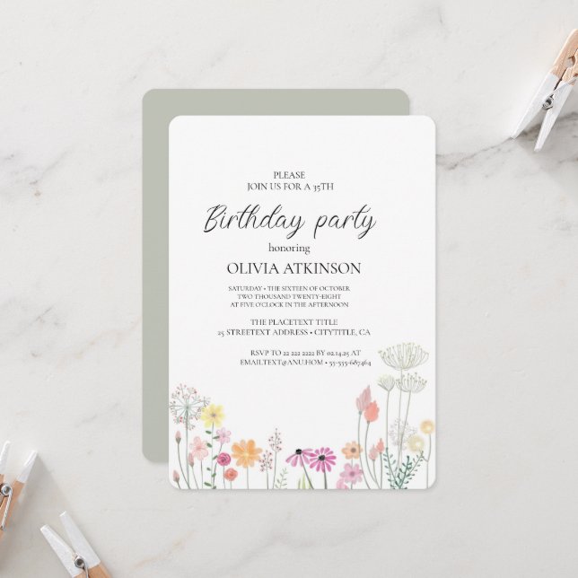 Colourful Spring Wildflower birthday party Invitation (Front/Back In Situ)