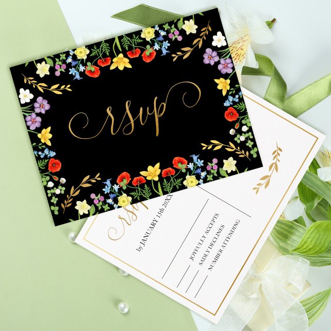 Colourful Spring Wildflower Black Wedding RSVP  Postcard (Colorful Spring Wildflower Black Wedding RSVP Postcard)
