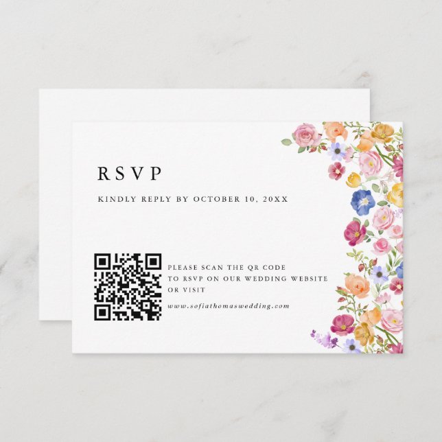 Colourful Spring Wildflower Meadow Garden  QR Code RSVP Card (Front/Back)