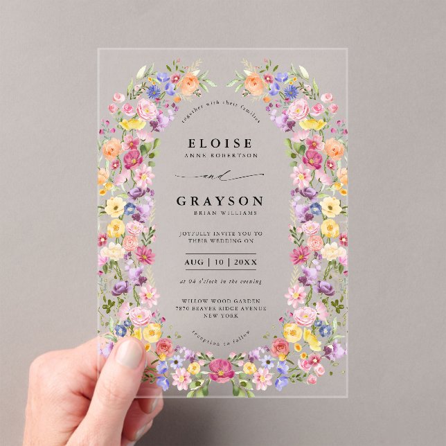 Colourful Spring Wildflower Meadow Garden Wedding  Acrylic Invitations (Insitu (Handheld))