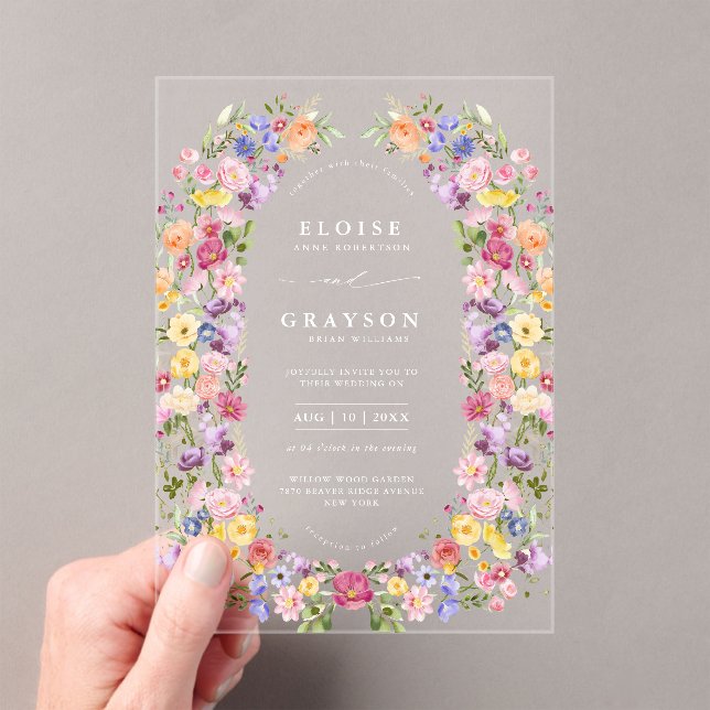 Colourful Spring Wildflower Meadow Garden Wedding  Acrylic Invitations (Insitu (Handheld))