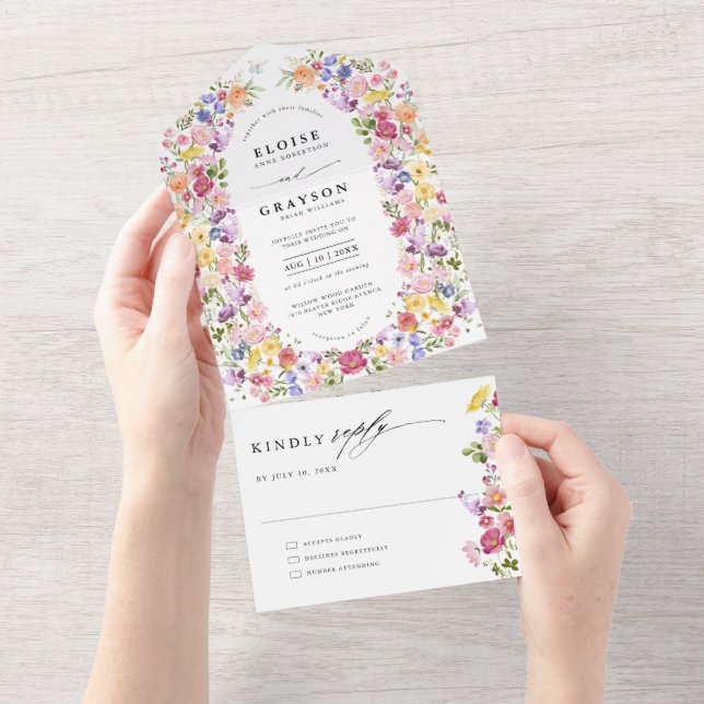 Colourful Spring Wildflower Meadow Garden Wedding  All In One Invitation (Tearaway)