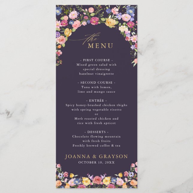 Colourful Spring Wildflower Meadow Garden Wedding  Menu (Front)