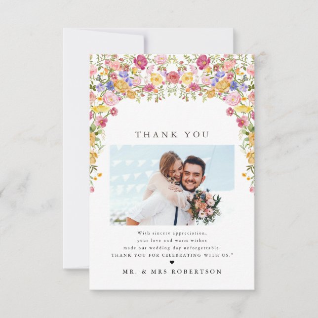 Colourful Spring Wildflower Meadow Garden Wedding  Thank You Card (Front)