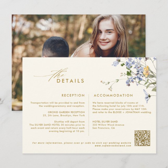 Colourful Spring Wildflower Meadow Gold Wedding  Enclosure Card (Front/Back)