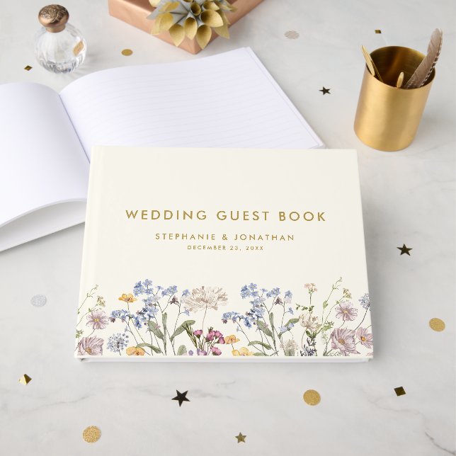 Colourful Spring Wildflower Meadow Gold Wedding  Guest Book (Front Open)