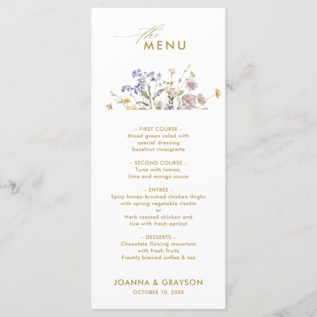 Colourful Spring Wildflower Meadow Gold Wedding Menu (Front)