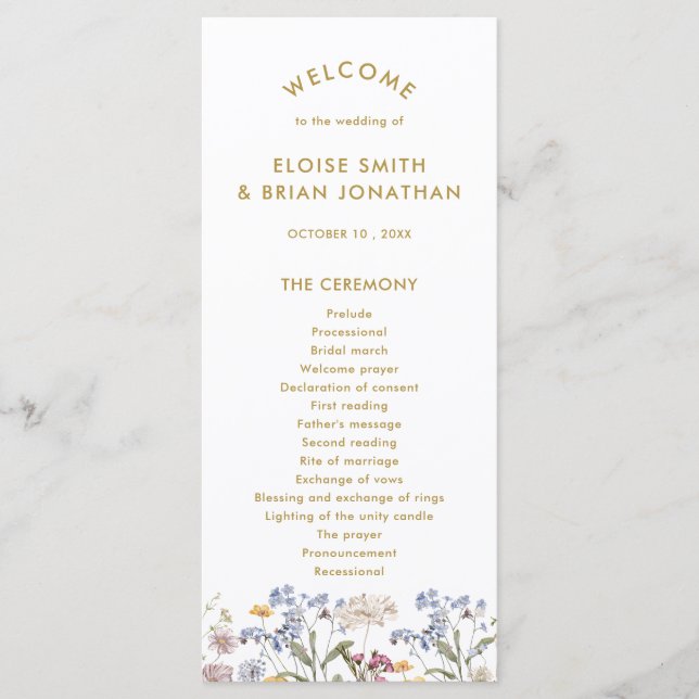 Colourful Spring Wildflower Meadow Gold Wedding  Program (Front)