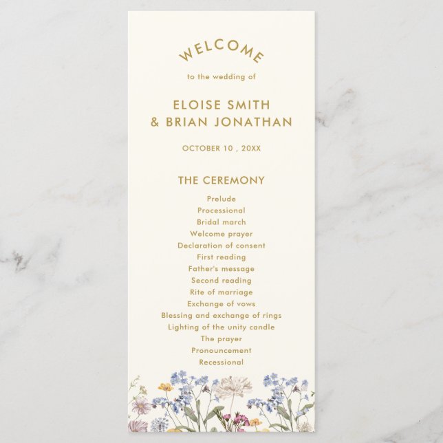 Colourful Spring Wildflower Meadow Gold Wedding  Program (Front)