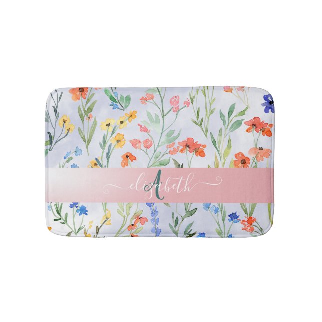 Colourful Spring Wildflower Meadow Monogram  Bath Mat (Front)