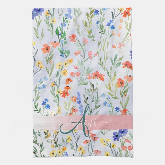 Colourful Spring Wildflower Meadow Monogram    Kitchen Towel (Vertical)