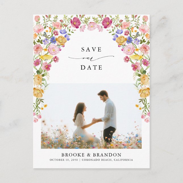 Colourful Spring Wildflower Meadow  Save the Date Postcard (Front)