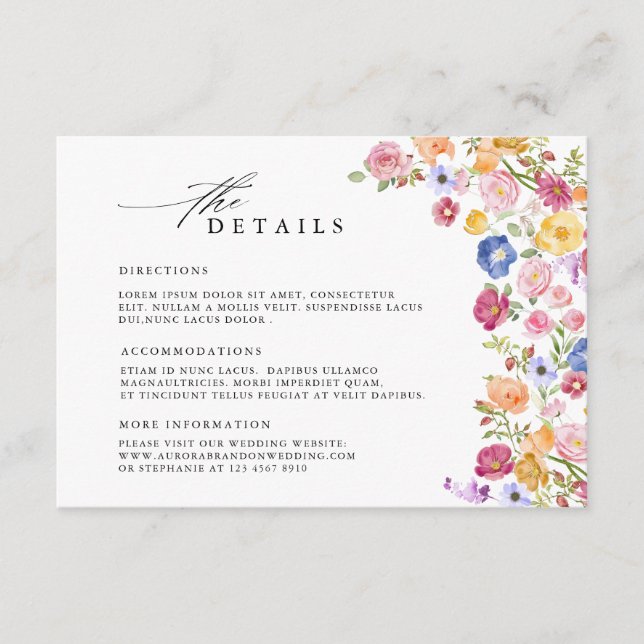 Colourful Spring Wildflower Meadow  Wedding Detail Enclosure Card (Front)