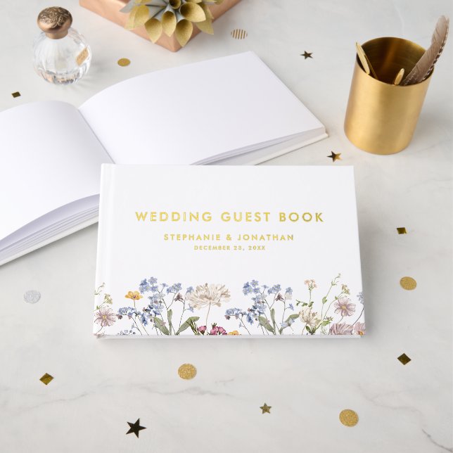 Colourful Spring Wildflower Meadow Wedding Gold Guest Book (Front Open)