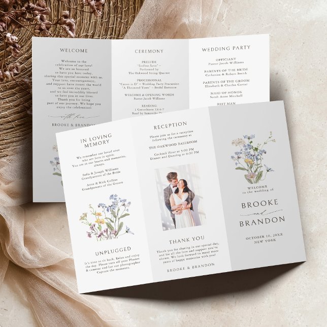 Colourful Spring Wildflower Meadow  Wedding Progra (Colorful Spring Wildflower Meadow Wedding Tri fold Program card)