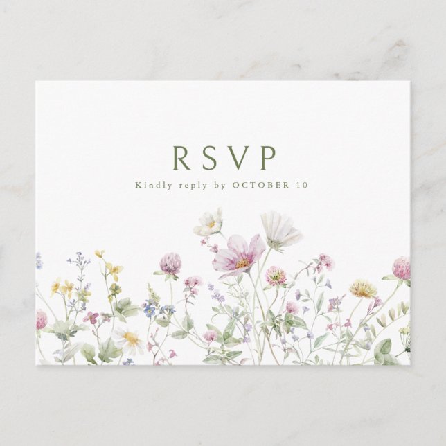 Colourful Spring Wildflower Meadow Wedding RSVP Postcard (Front)