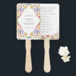 Colourful Spring Wildflower Meadow wedding Timelin Hand Fan<br><div class="desc">Make your wedding day unforgettable with our beautifully crafted, floral wedding timeline hand fan. The delicate pastel flower wreath brings a romantic, garden-inspired touch to your celebration. Personalize the card with your own text, and easily adjust the font style, colour, and layout to suit your taste by clicking the 'Customize...</div>