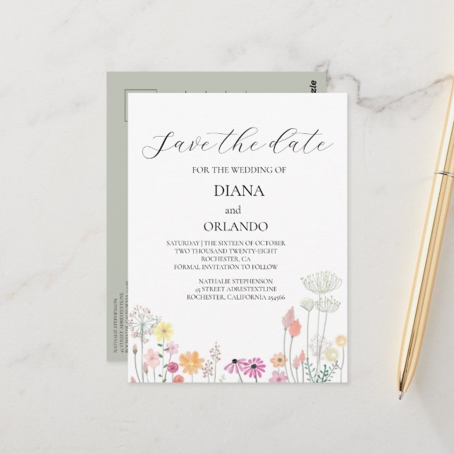 Colourful Spring Wildflower  save the date Postcard (Front/Back In Situ)