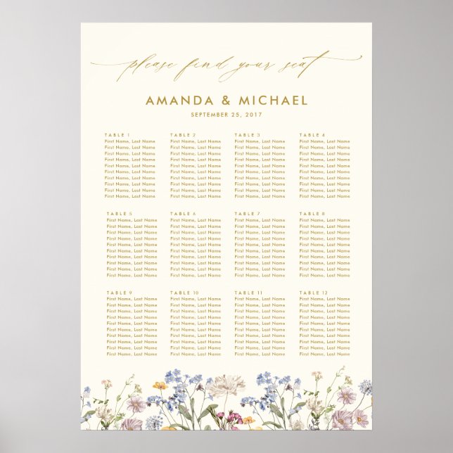 Colourful Spring Wildflower  Wedding Seating Chart (Front)