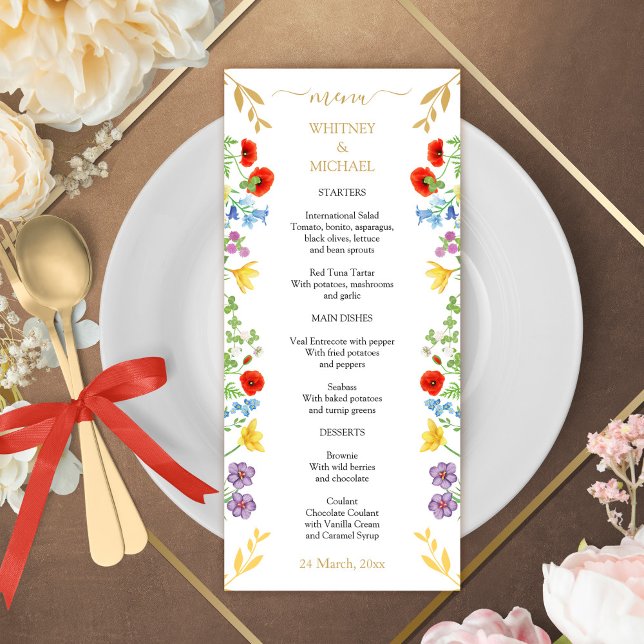 Colourful Spring Wildflower White Floral Wedding  Menu (Colorful Spring Wildflower White Floral Wedding Menu)